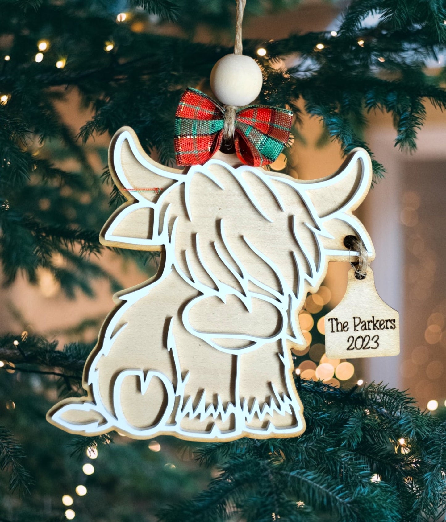 Personalised highland cow decoration, coo Christmas decoration, rustic Christmas tree, Personalised Christmas, baby coo, maple
