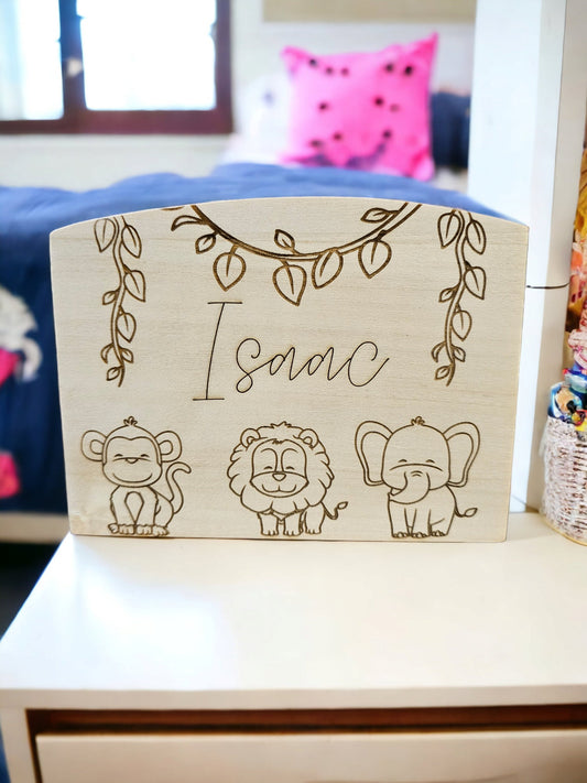 Personalised wooden money box, safari theme, wooden money box, personalised gift