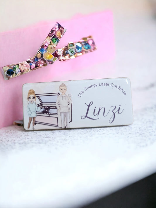Personalised name badges, ID badge, hello my name is, badge, custom ID badge, nhs badge, teacher badges, company name badges.
