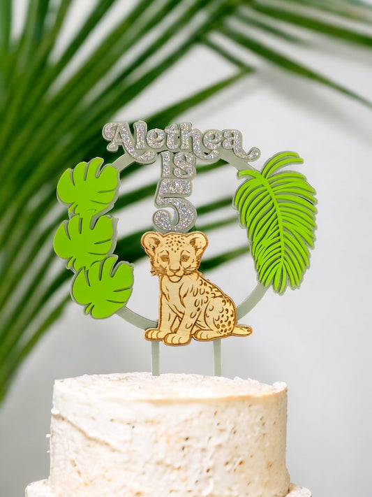 Personalised safari cake topper, acrylic Personalised cake topper, cheetah cake topper, birthday, keepsake