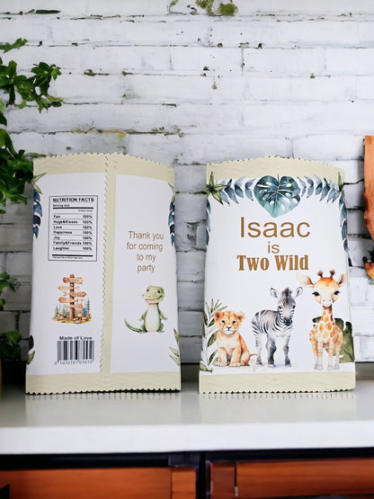 Personalised chip packets, safari theme birthday stationery, children's birthday, safari animals,  bespoke orders welcome