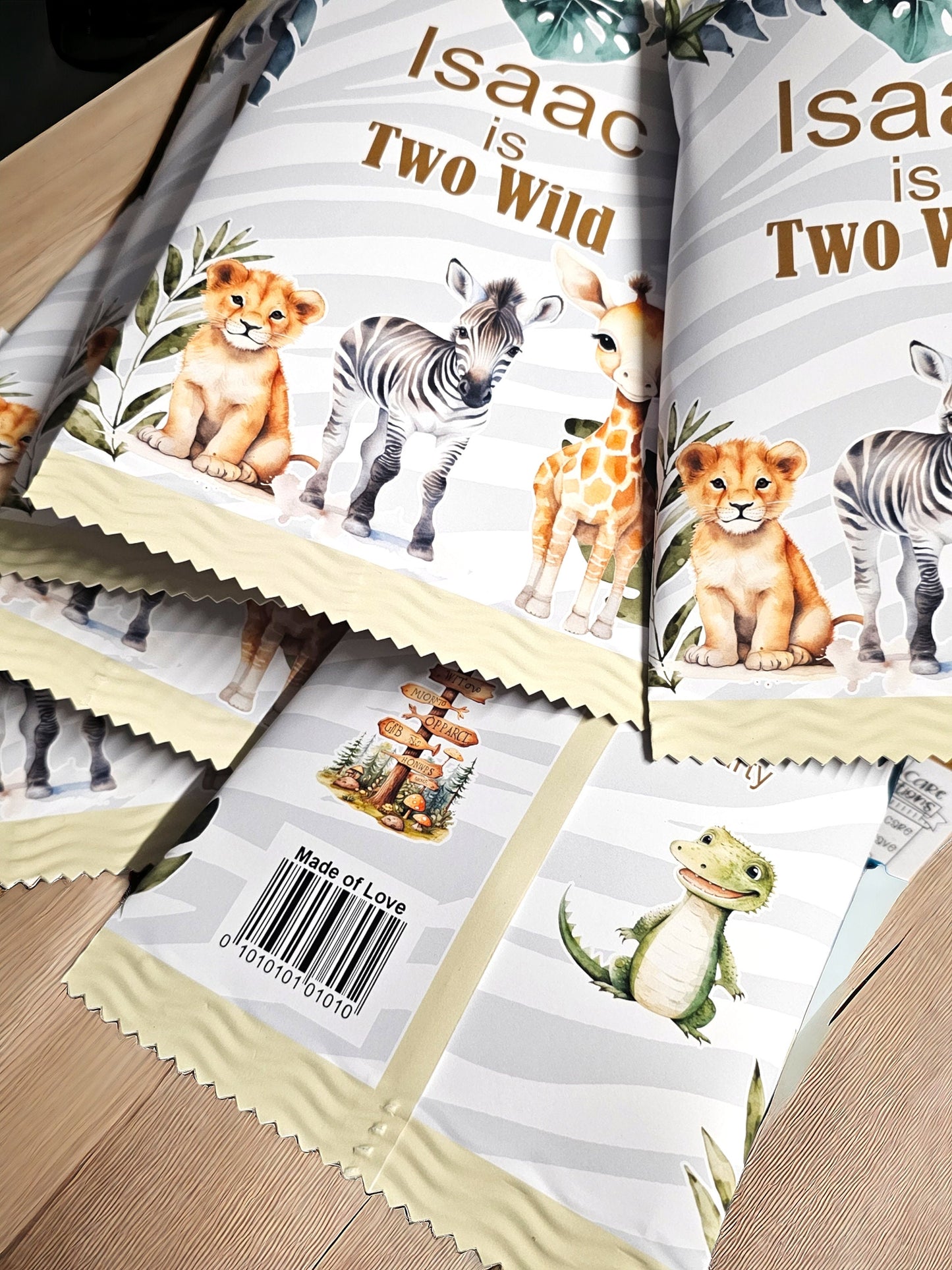 Personalised chip packets, safari theme birthday stationery, children's birthday, safari animals,  bespoke orders welcome