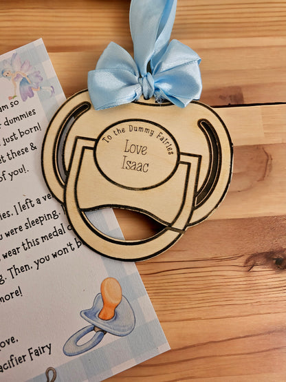 Personalised dummy fairy dummy hanger, medal and certificate, keepsake gift, pacifier fairy gift