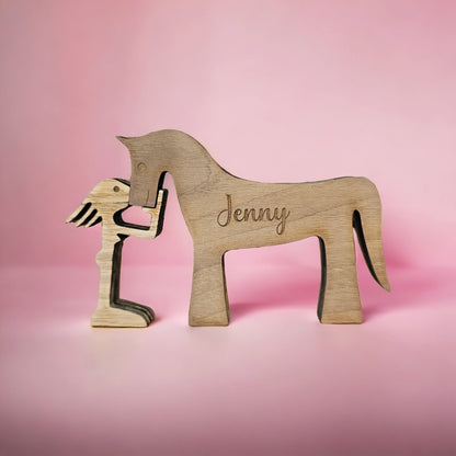 personalised wooden girl and her horse, equestrian gift, gift for her, horse gift, home decor, rustic, pony gift, horse riders.