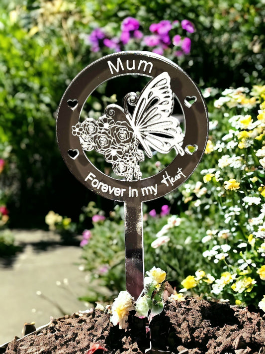 Personalised butterfly memorial grave marker, your own text, cemetery ornament, loved one in heaven, remembrance, silver mirror.