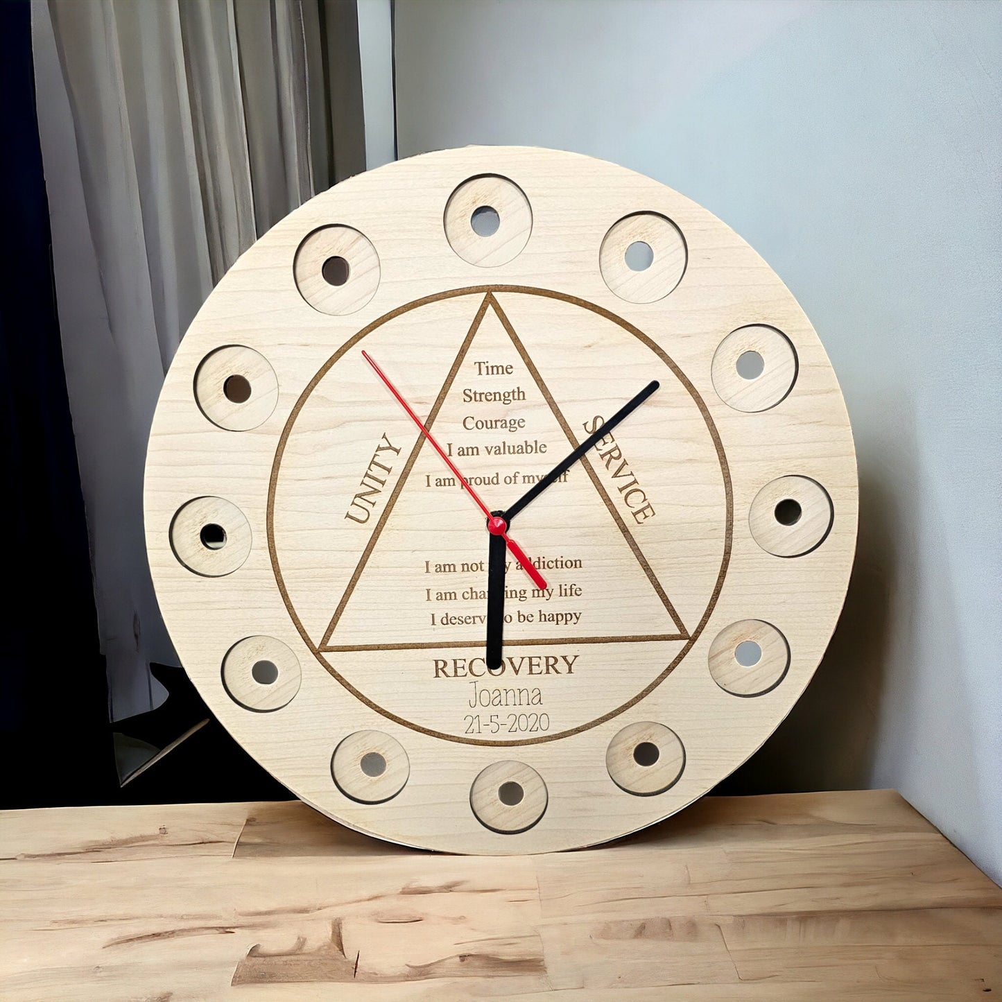 Personalised recovery token display clock,recovery tokens,Personalized Serenity Prayer Recovery Chip Holder, AA display, maple wood, quality