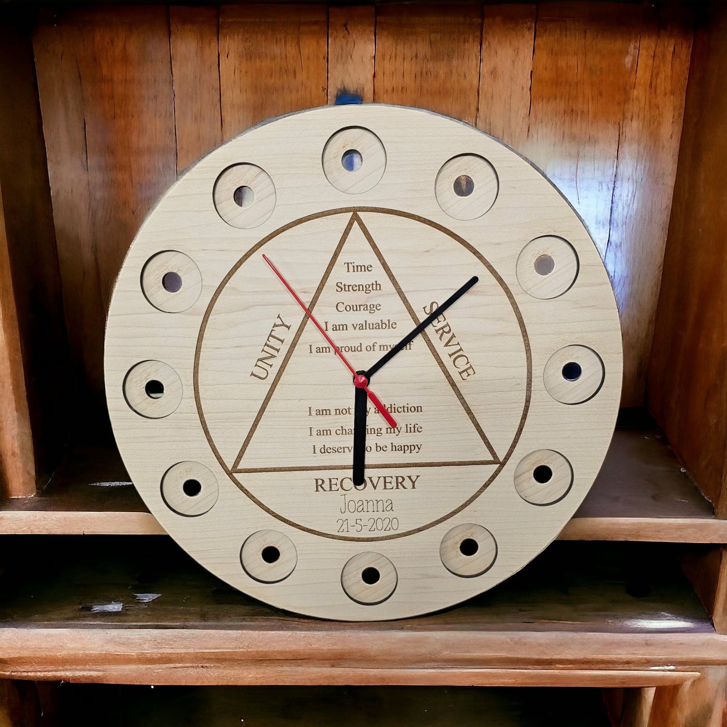 Personalised recovery token display clock,recovery tokens,Personalized Serenity Prayer Recovery Chip Holder, AA display, maple wood, quality