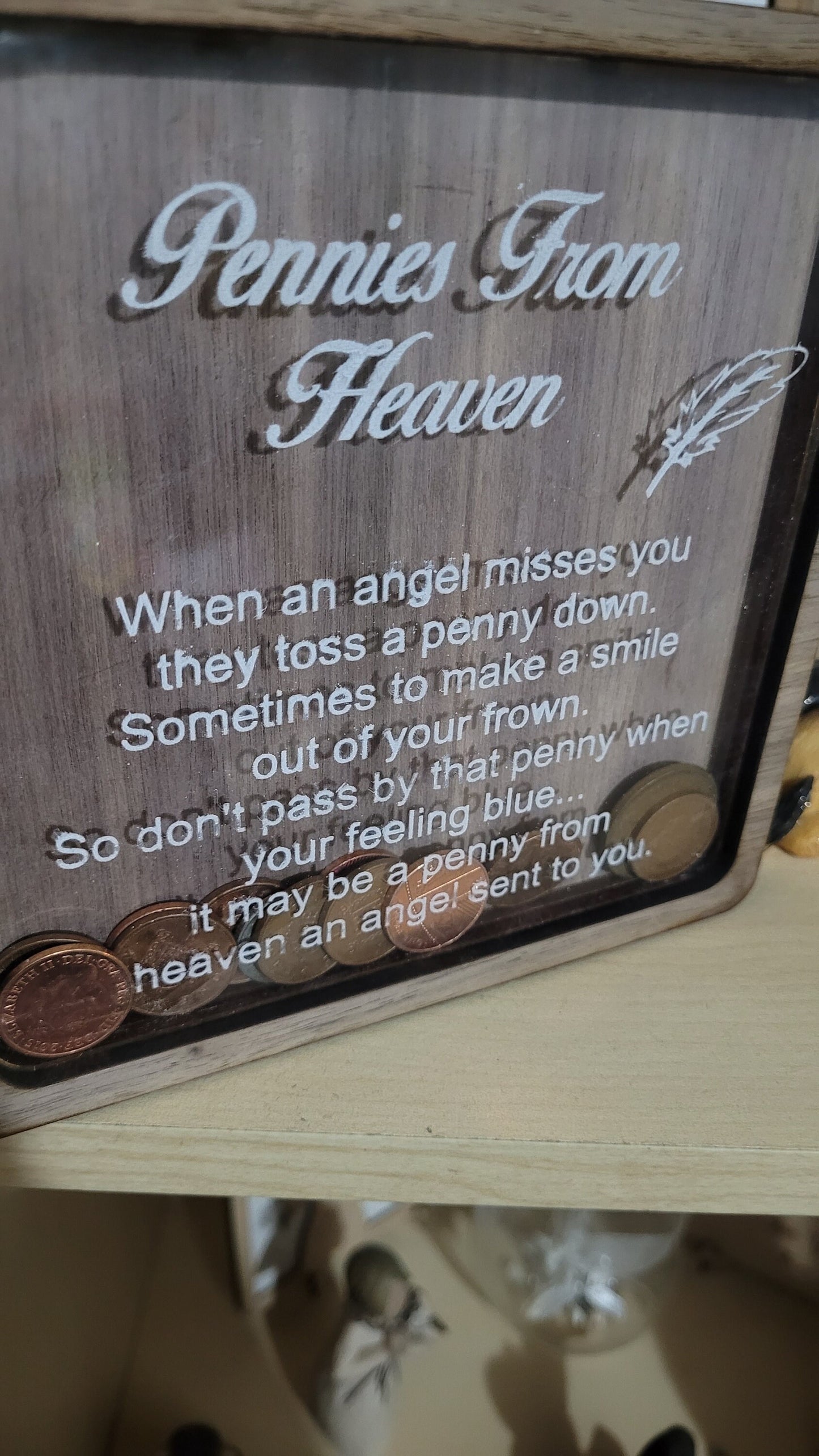 pennies from heaven, penny bank, wooden money box, memorial gift, remembrance,