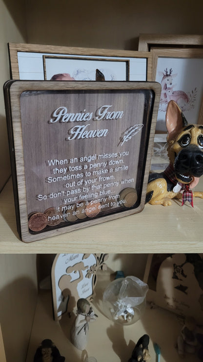 pennies from heaven, penny bank, wooden money box, memorial gift, remembrance,