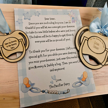 Personalised dummy fairy dummy hanger, medal and certificate, keepsake gift, pacifier fairy gift