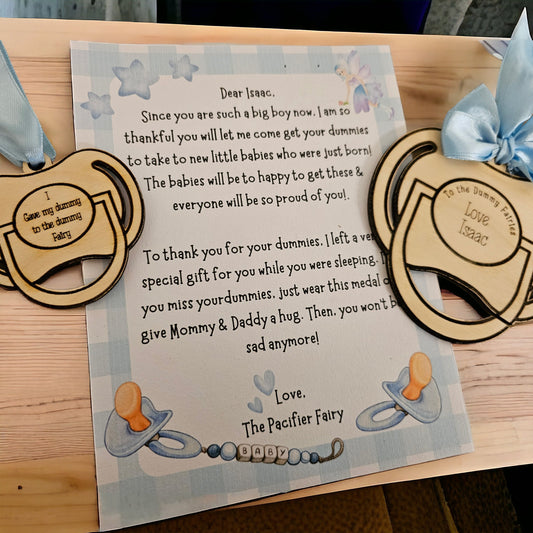 Personalised dummy fairy dummy hanger, medal and certificate, keepsake gift, pacifier fairy gift