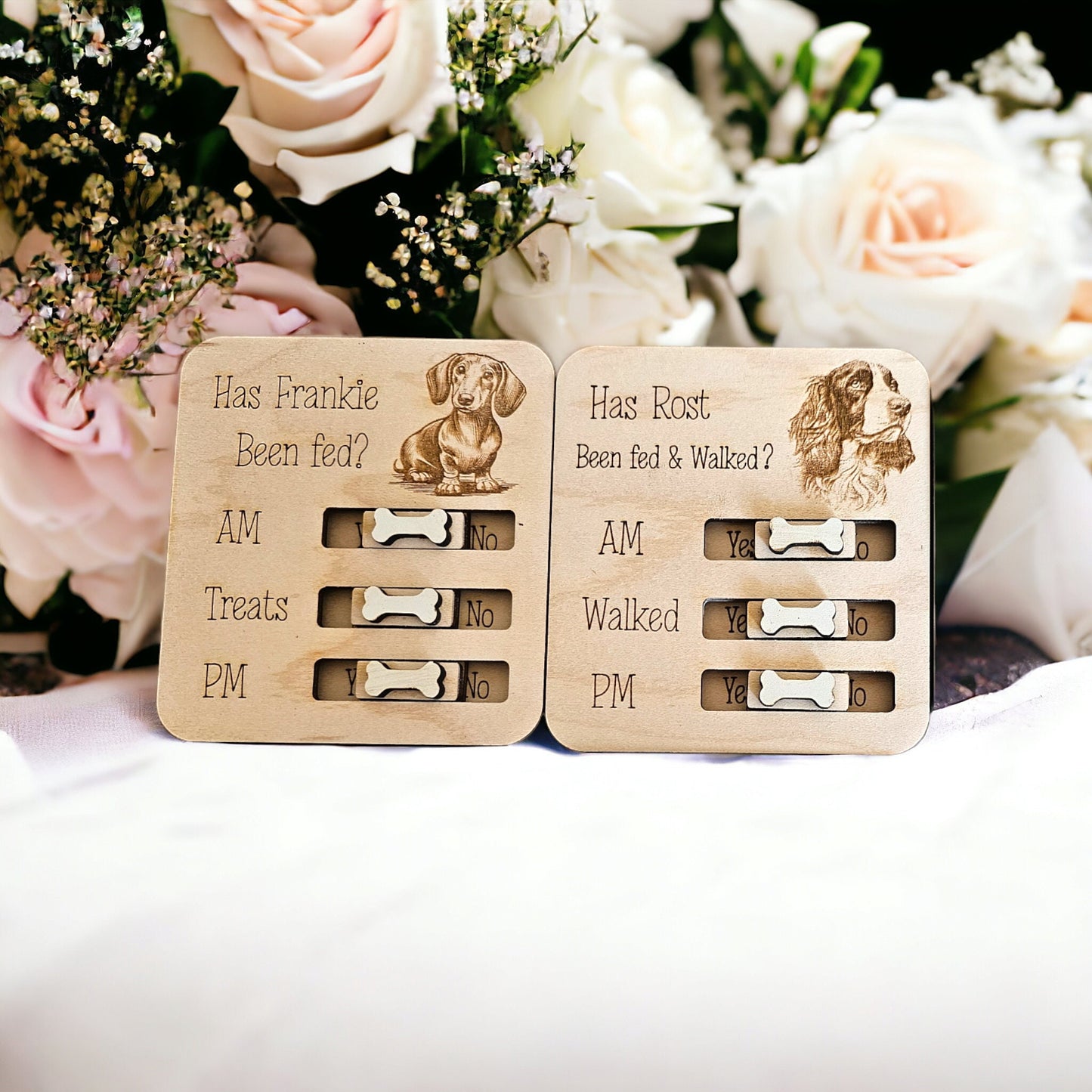 Petsonalised pet food tracker magnet, dog feeder reminder, has the dog been fed, personalised gift