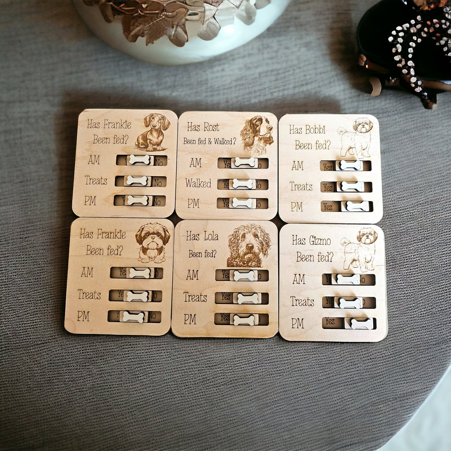 Petsonalised pet food tracker magnet, dog feeder reminder, has the dog been fed, personalised gift