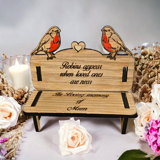 In memory, memorial bench, Robin, memorial decoration, personalised memorial decorations, mini Robin memorial bench decoration