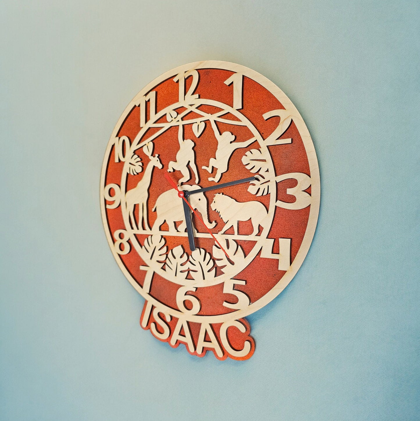 personalised safari theme clock, children's clocks, children's room, personalised gifts, wall art, wooden clock, maple wood