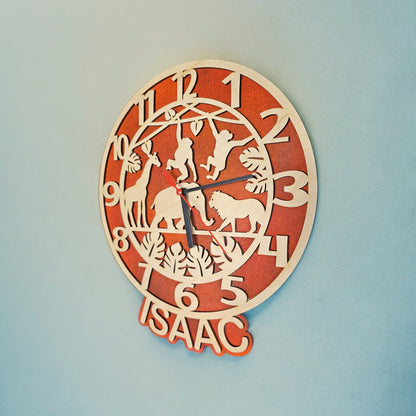 personalised safari theme clock, children's clocks, children's room, personalised gifts, wall art, wooden clock, maple wood