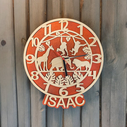 personalised safari theme clock, children's clocks, children's room, personalised gifts, wall art, wooden clock, maple wood