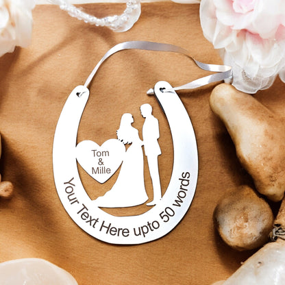 wooden bride and groom horse shoe, personalised horse show, personalised wedding gift, silver mirror wedding keepsake