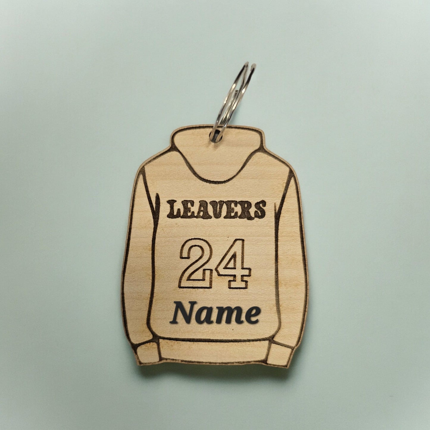 personalised double sided leavers hoodie key chain, leavers 2024, school leavers hoodie, wooden keyring, keepsake, discount for bulk orders