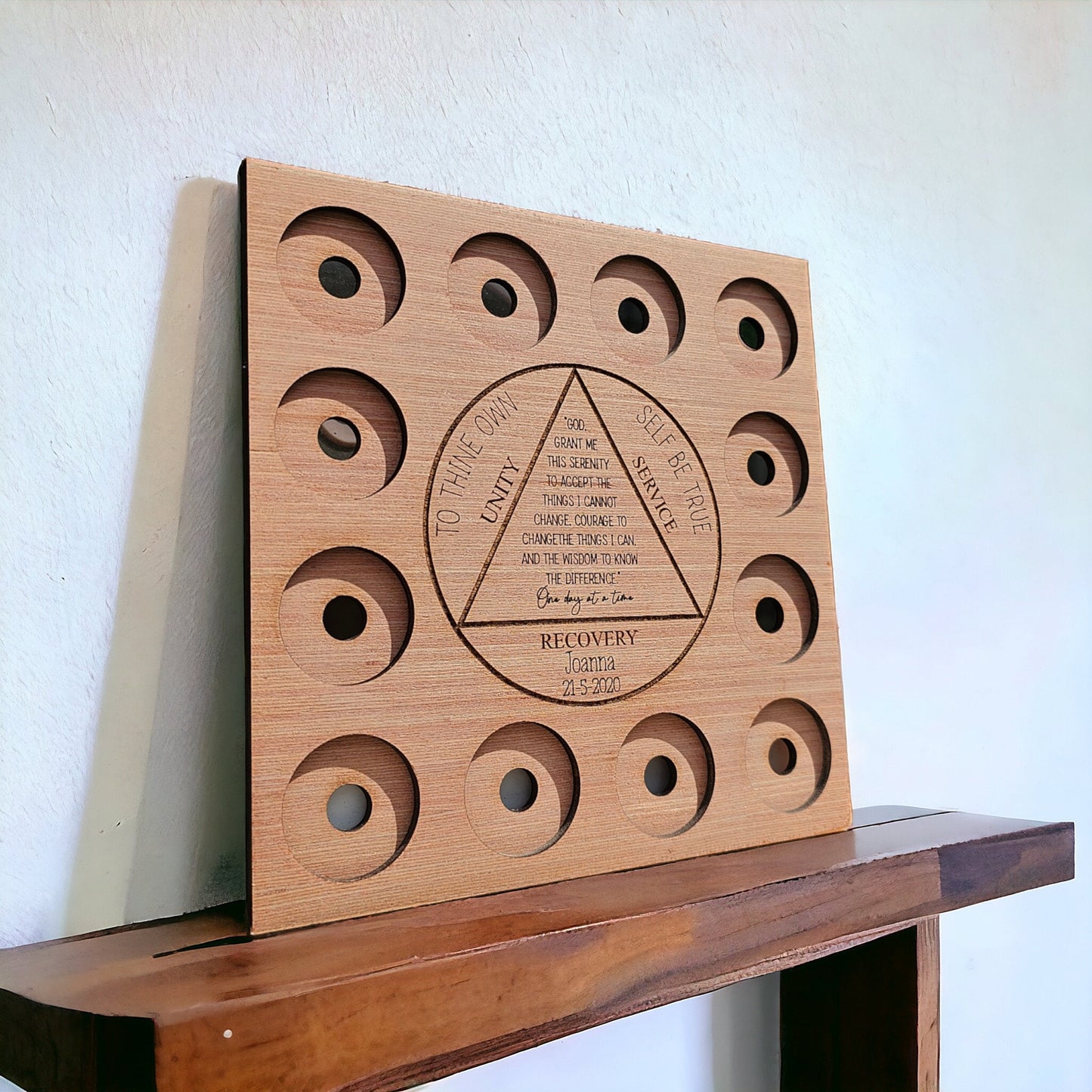 Personalised recovery token display, recovery tokens,Personalized Serenity Prayer Recovery Chip Holder, AA display, maple wood, wood