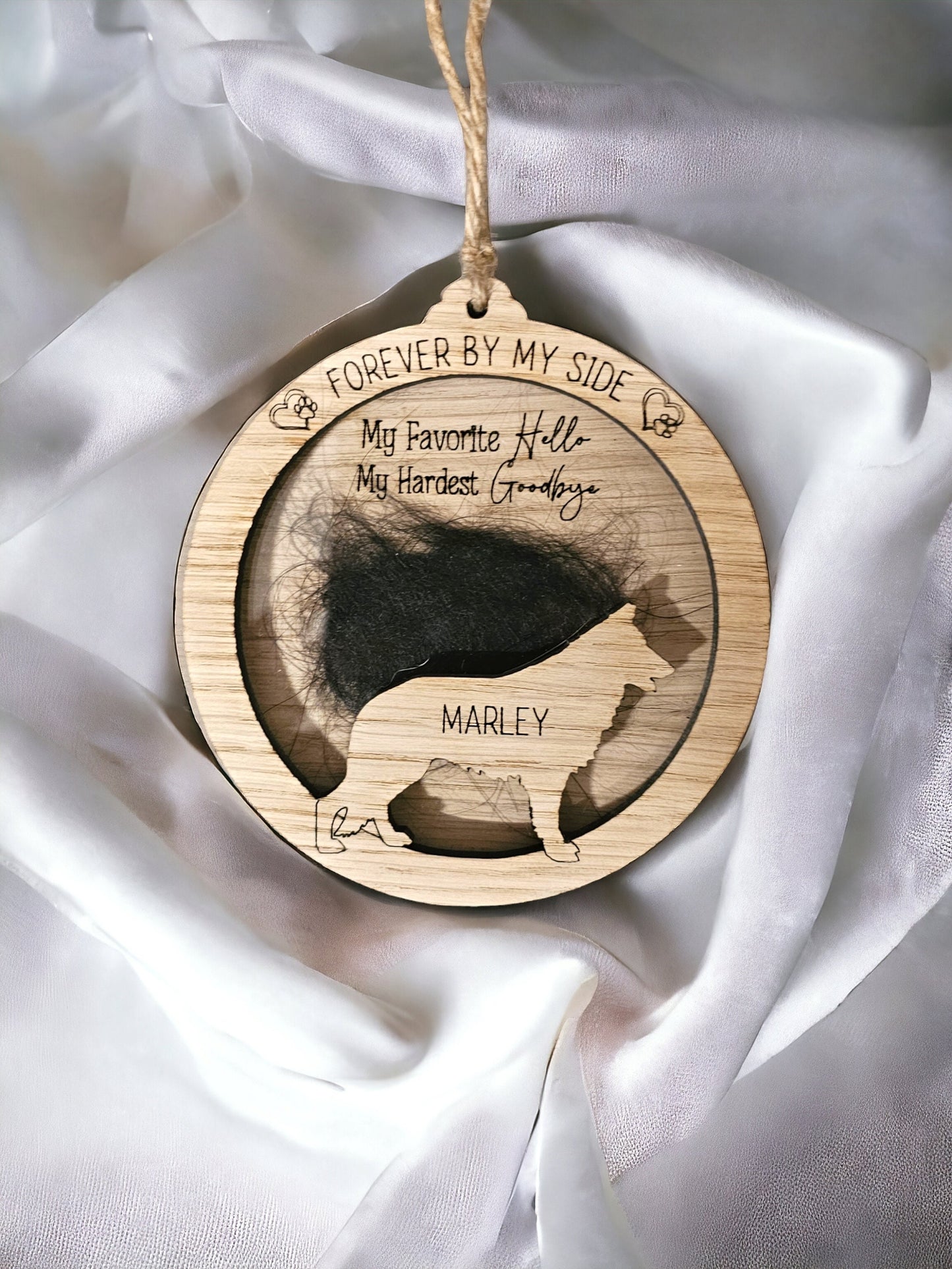 personalised pet hair memorial keepsake, pet hair bauble, pet loss, dog loss, cat loss, rabbit loss, wooden memorial