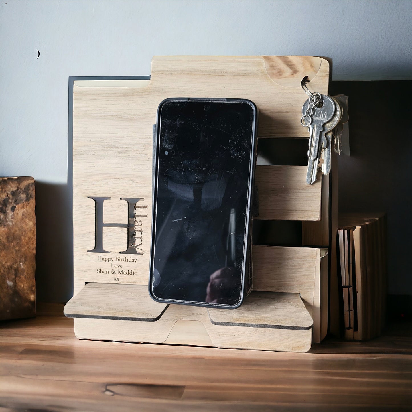 personalised docking station, bedside tidy, watch holder, key holder, personalised gift, gift for dad, birthday gift, wooden gift.