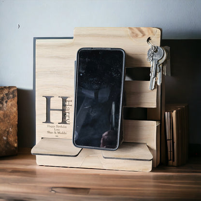 personalised docking station, bedside tidy, watch holder, key holder, personalised gift, gift for dad, birthday gift, wooden gift.