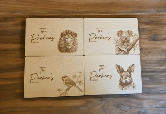 Personalised Animal placemat, wooden engraved placements, wedding gift, Christmas gift, maple placements, rustic, placemat and coaster set