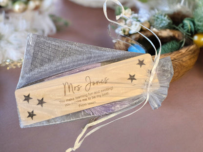 personalised teacher bookmarks, teacher gifts, end of term gifts, school leavers gifts, bookmarks, teaching assistant gift, wooden bookmark.