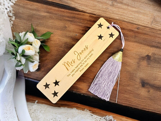 personalised teacher bookmarks, teacher gifts, end of term gifts, school leavers gifts, bookmarks, teaching assistant gift, wooden bookmark.