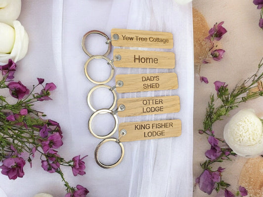 personalised rectangular oak keyring, air B&B, caravan, hot tub, hotels, car keys, shed, hospitality, rustic wooden keyring