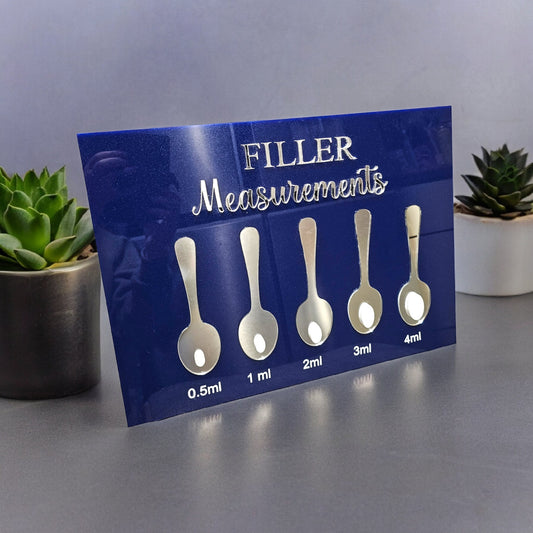 filler measurements sign, aesthetics signs, beauty signs, aesthetics studio, filler spoon sign, beauty clinic decor