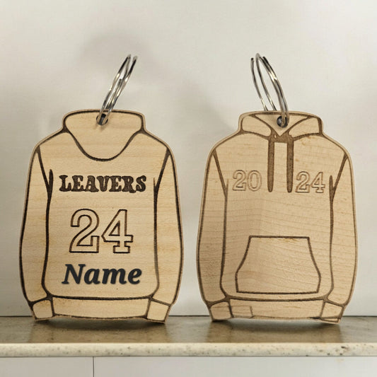 personalised double sided leavers hoodie key chain, leavers 2024, school leavers hoodie, wooden keyring, keepsake, discount for bulk orders