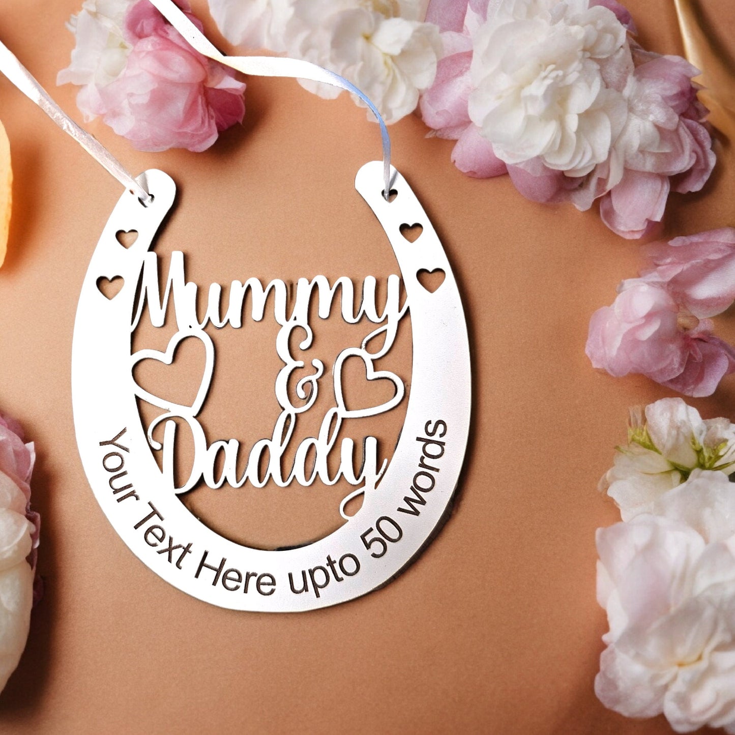 wooden Mummy & Daddy personalised horse shoe, personalised horse show, personalised wedding gift, silver mirror wedding keepsake