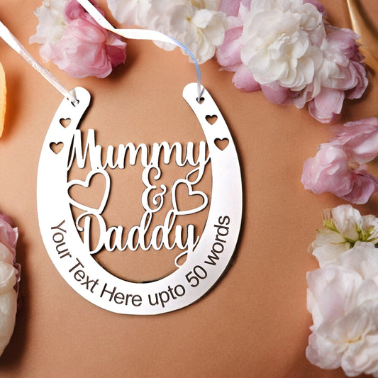 wooden Mummy & Daddy personalised horse shoe, personalised horse show, personalised wedding gift, silver mirror wedding keepsake