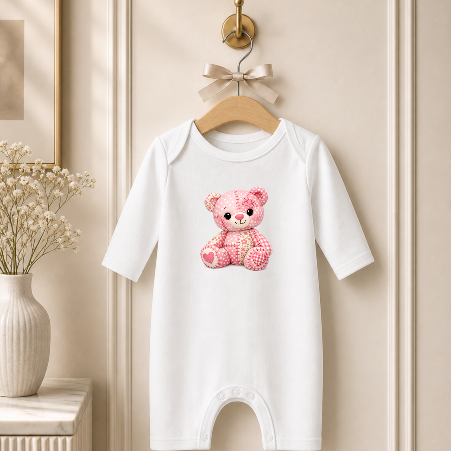 Pink patch work bear dtf print l