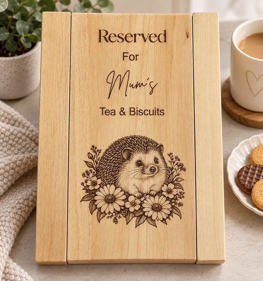 Personalised Wooden Sofa Arm Tray – Tea & Biscuits Gift for Mum