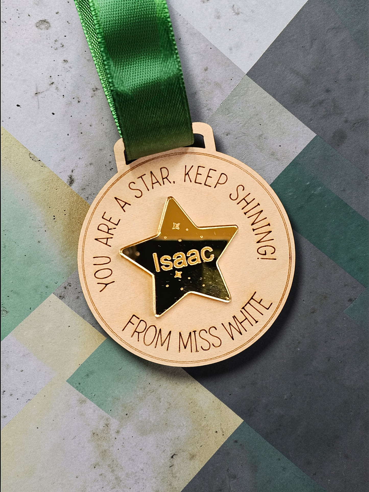 Personalised teacher student medals with gold star