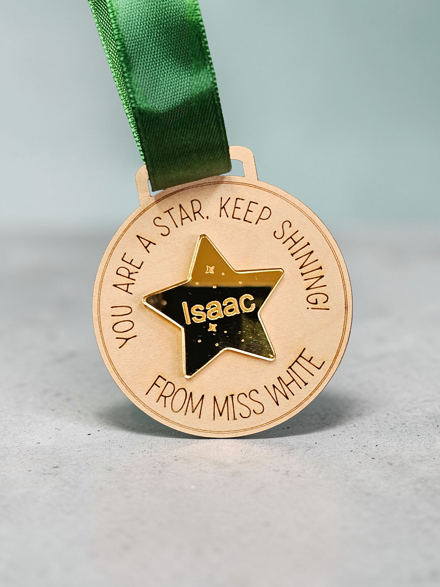 Personalised teacher student medals with gold star