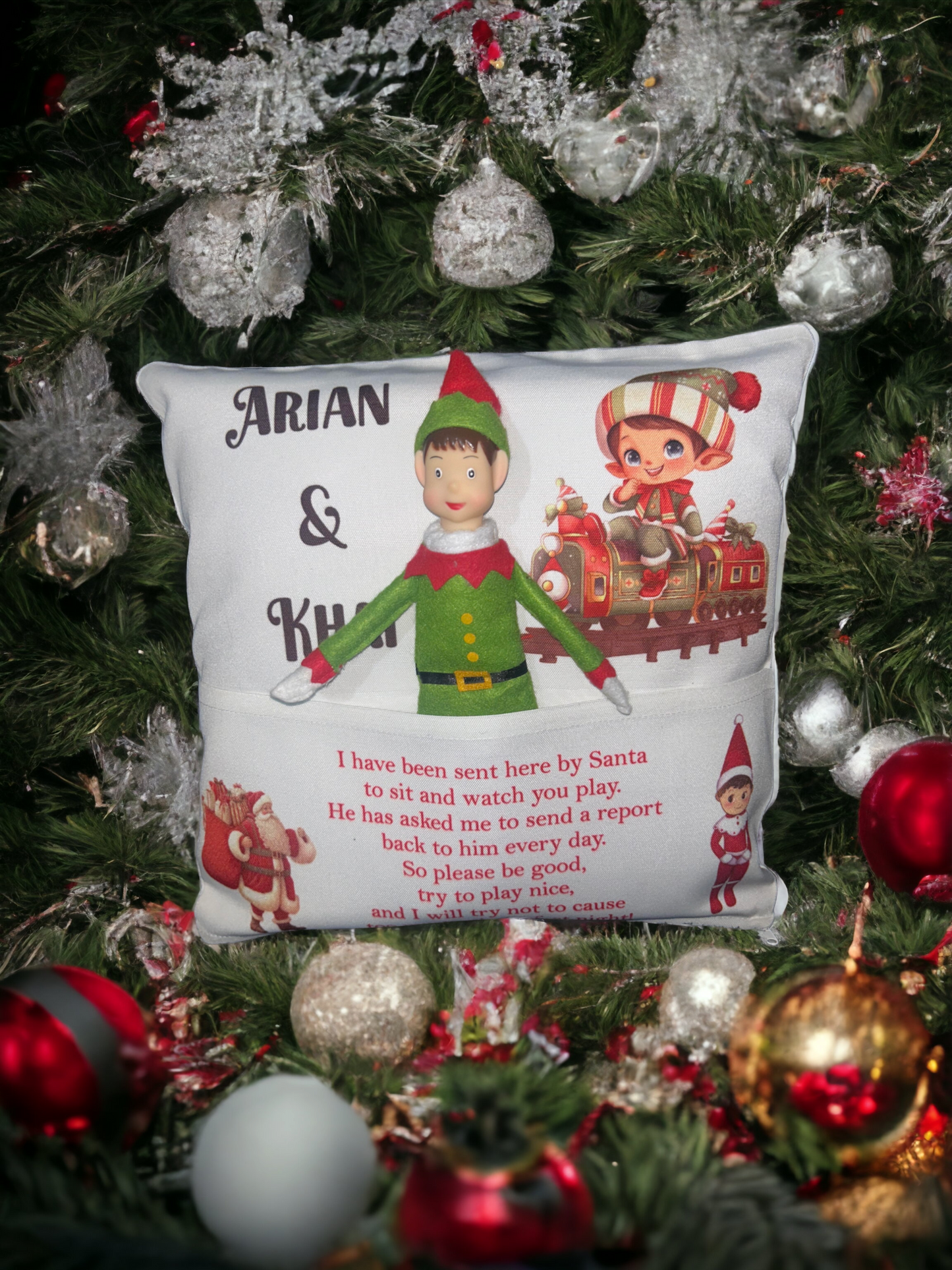 Personalised elf arrival cushion cover