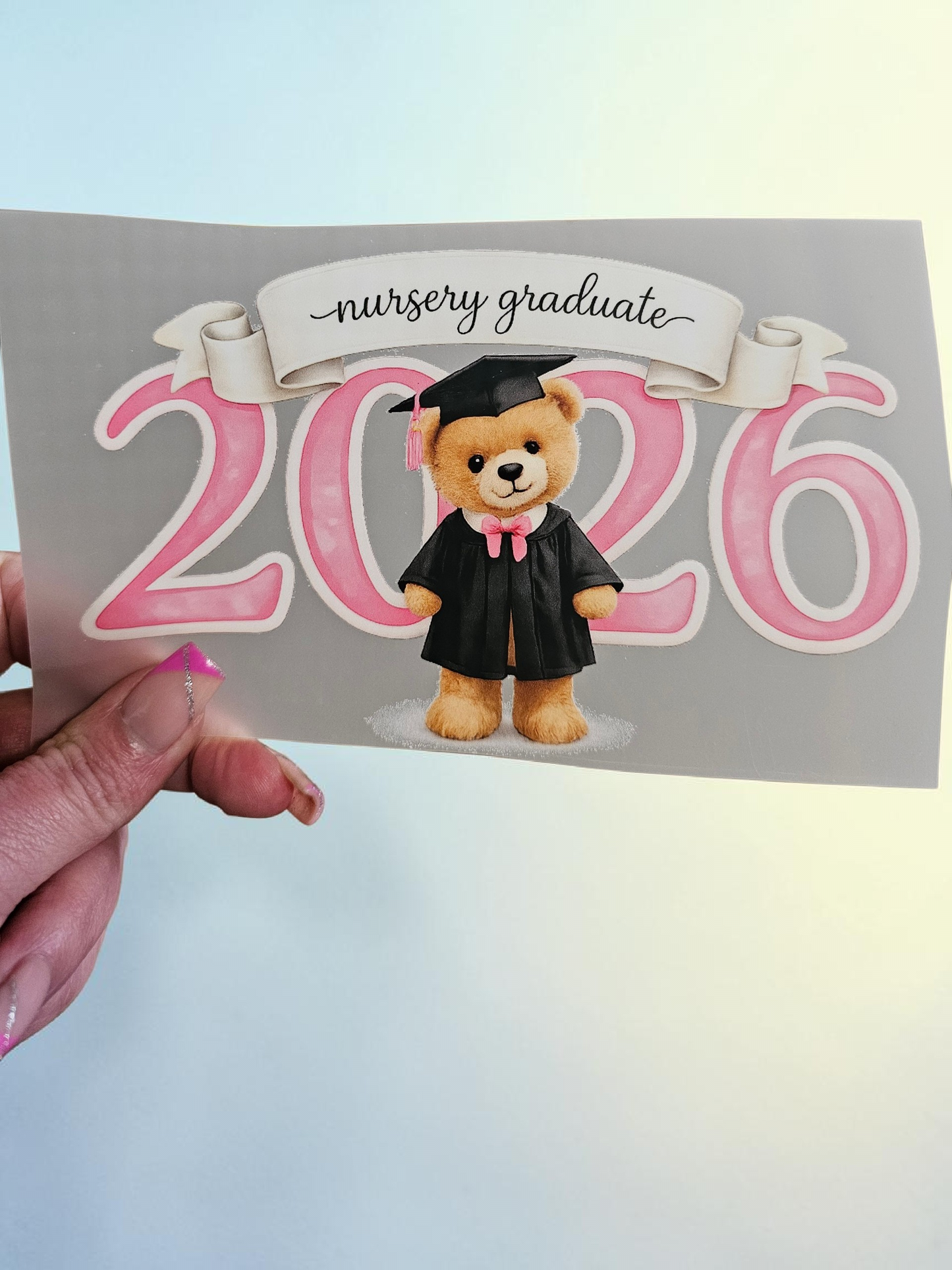 Pink glitter effect Leavers 2026 DTF print