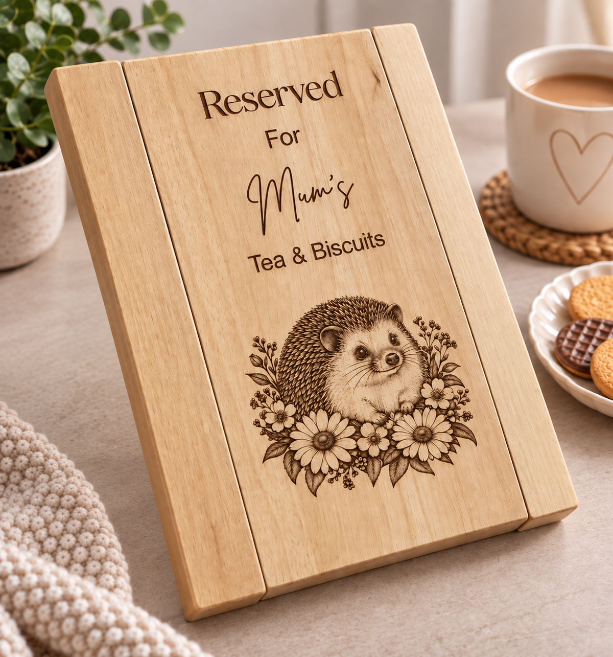 Personalised Wooden Sofa Arm Tray – Tea & Biscuits Gift for Mum