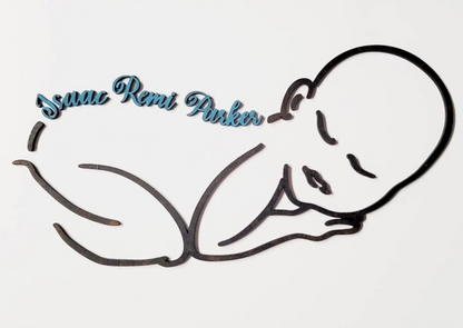 Personalised wooden new baby wall hanging. Sleeping baby, baby gift, baby shower.