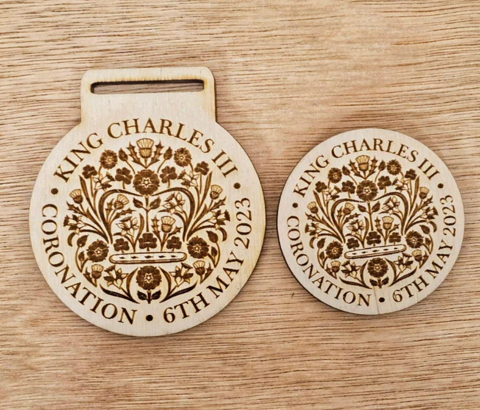 Coronation Medal for King Charles III, Keepsake Royal Medal Commemorative Wooden Engraved medallion May 2023