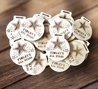 Wood medals, sport medals, environmentally friendly medals, personalised birthday medals, personalised medals